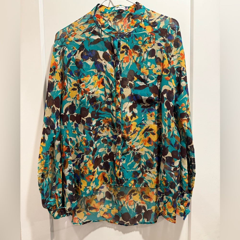 Kut from the Kloth Blue and Orange Long‎ Sleeve Blouse Size Small